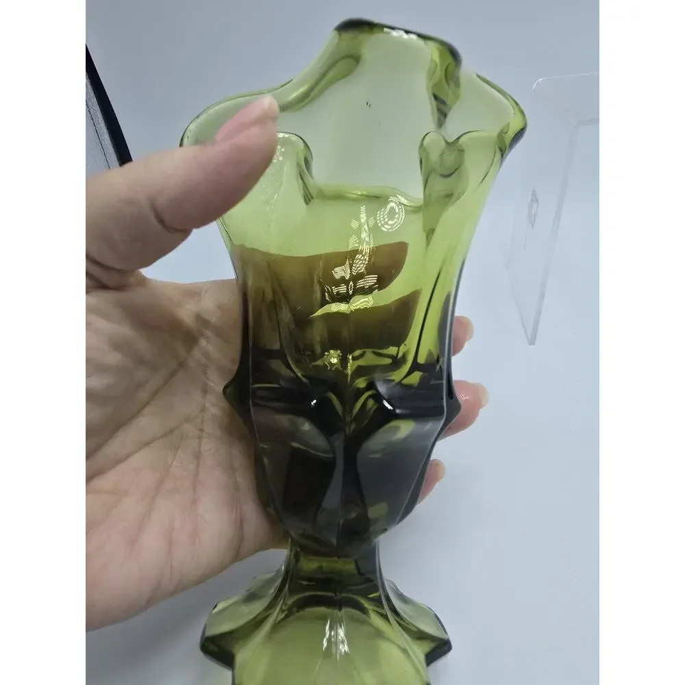 VTG Fenton Swing Art Glass Handkerchief Footed Vase Colonial Olive Green 7